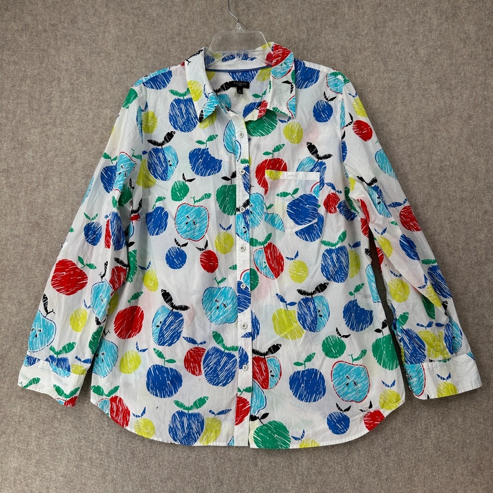Talbots Blouse 1X Apple Print Teachers Roll Tab‎ Sleeve Button-Down Shirt